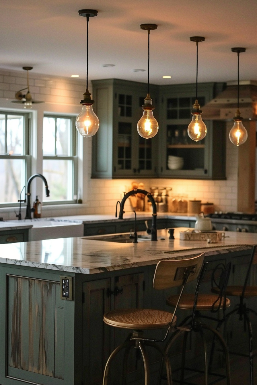 Cozy kitchen interior with pendant lights, bar stools at the island, and a glimpse of appliances.