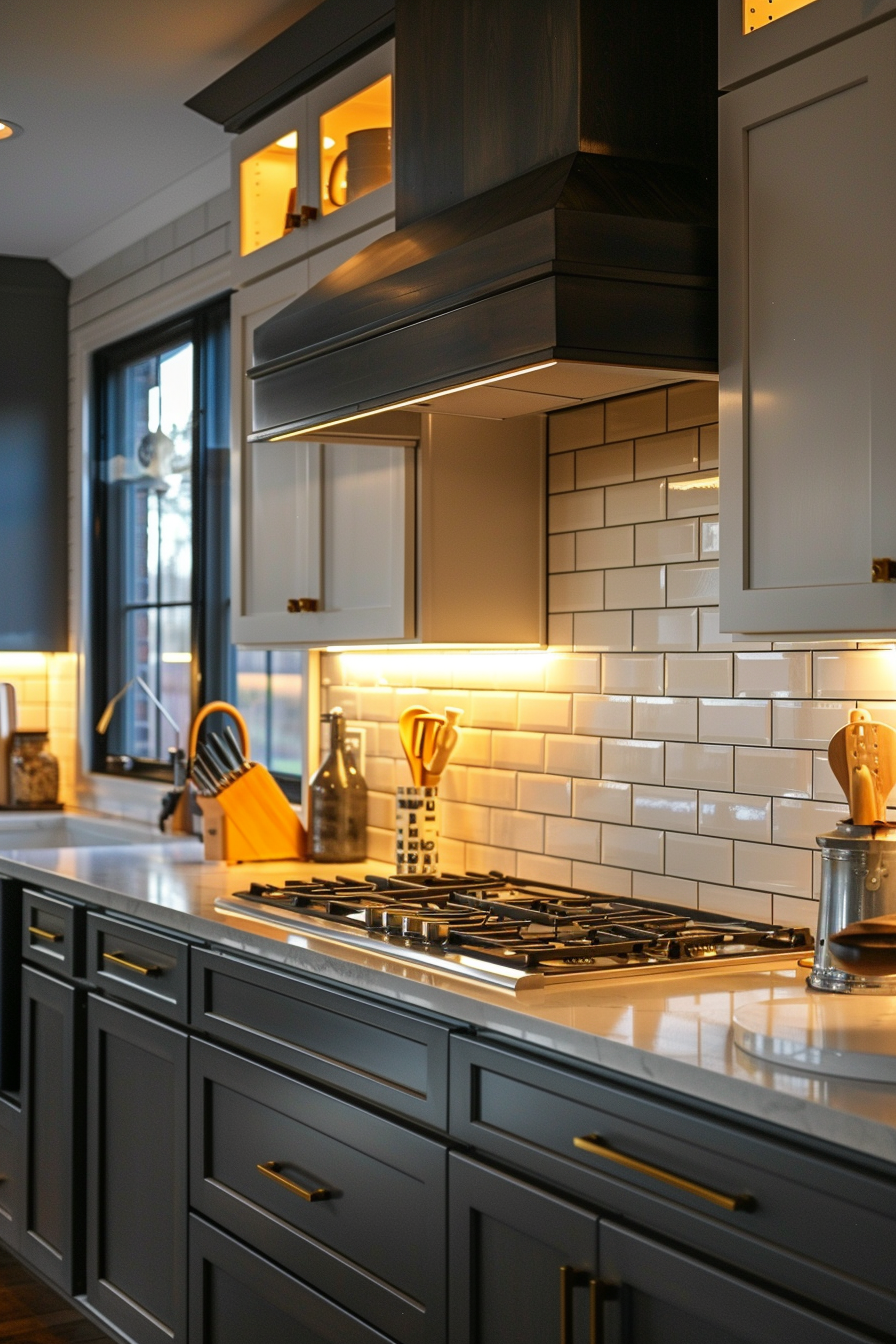 Modern kitchen with grey cabinets, white subway tiles, gas stove, and warm under-cabinet lighting.
