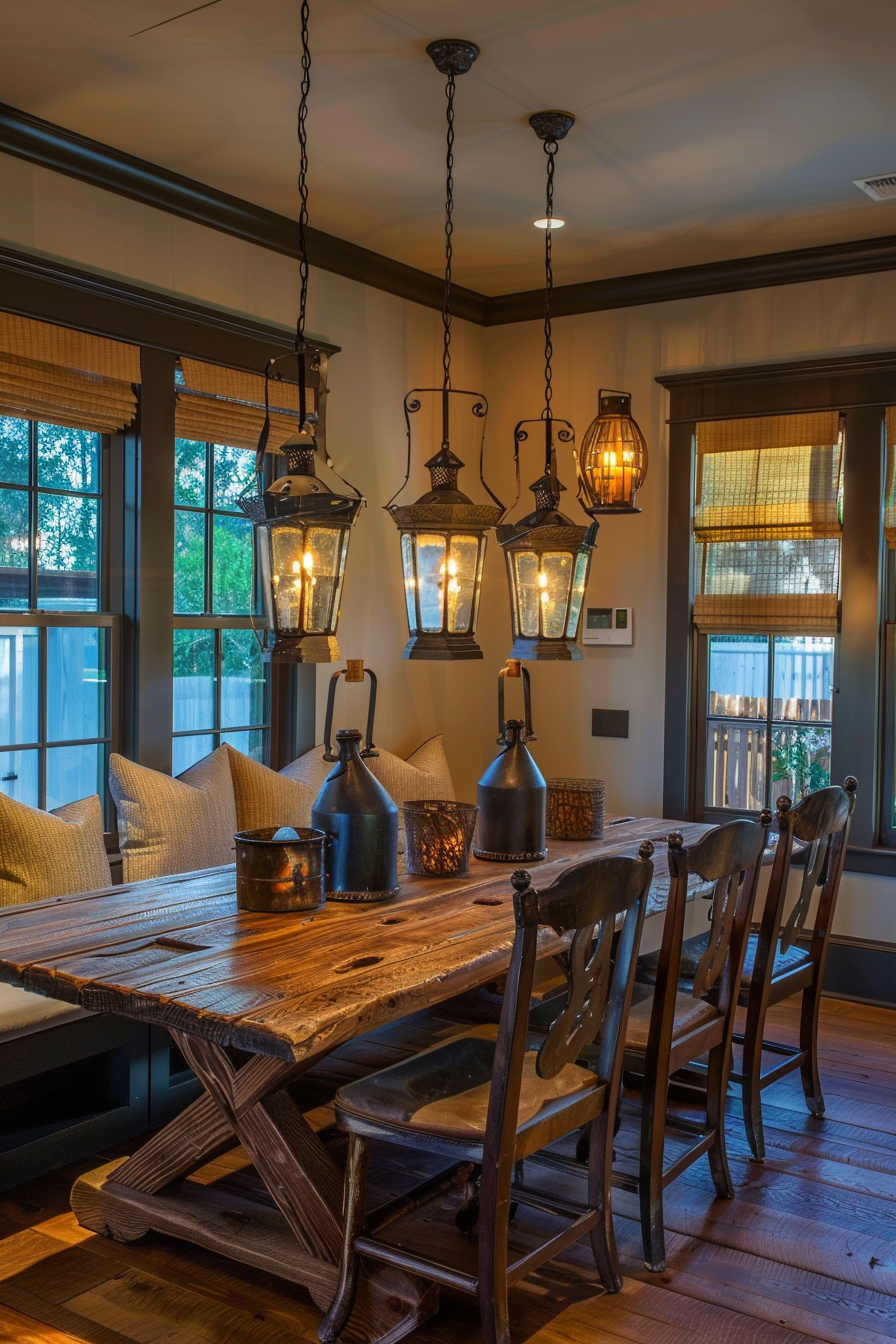 Rustic dining room with a wooden table, antique chairs, and hanging lantern-style lights, with a warm glow and windows in the background.