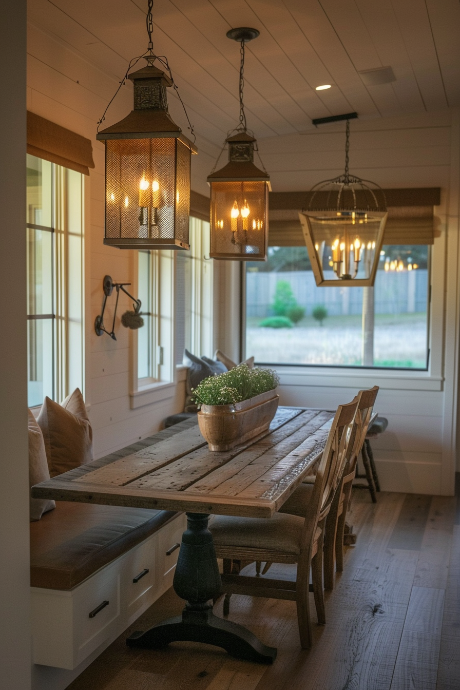 Cozy dining room with rustic wooden table, bench seating, vintage pendant lights, and a large window letting in natural light.