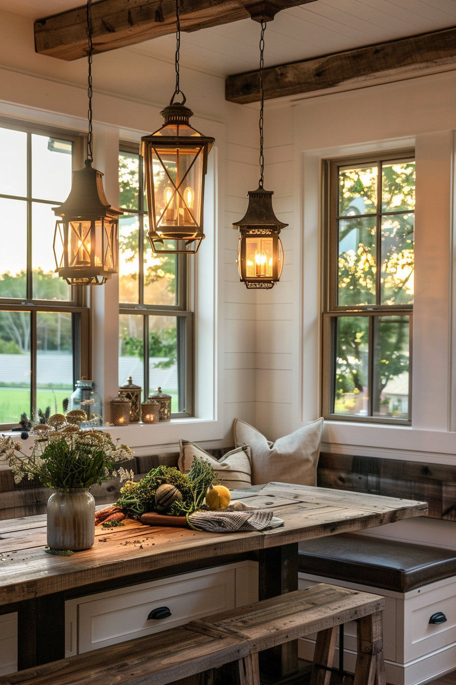 A cozy rustic kitchen with hanging lantern lights, a wooden table, and a bench by a window showing the sunset.