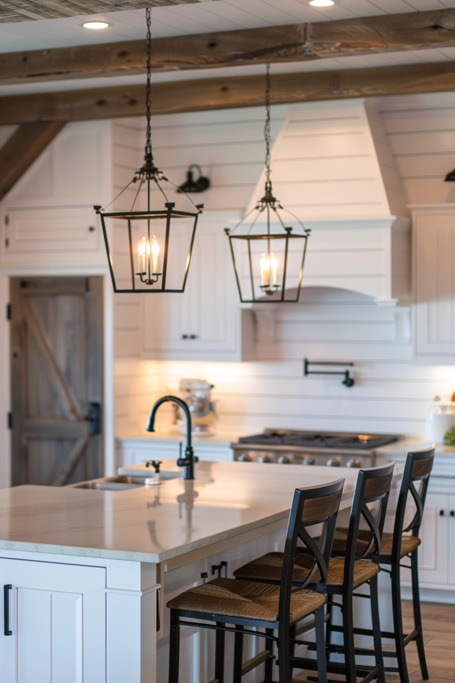 Elegant kitchen interior with pendant lights, white shiplap walls, wooden beams, and an island with bar stools.