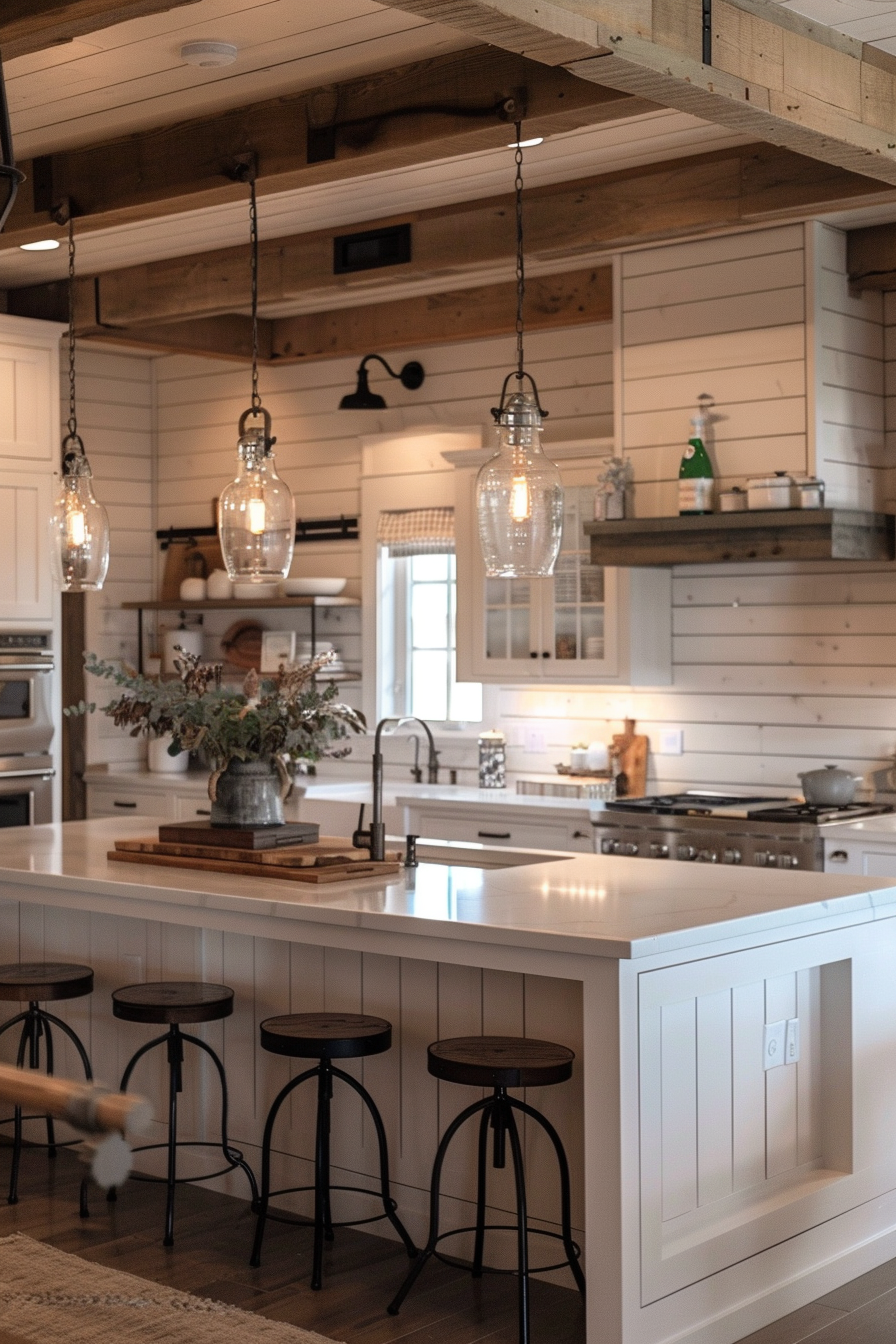 Cozy kitchen interior with white shiplap walls, wooden beams, three pendant lights, and a breakfast bar with stools.