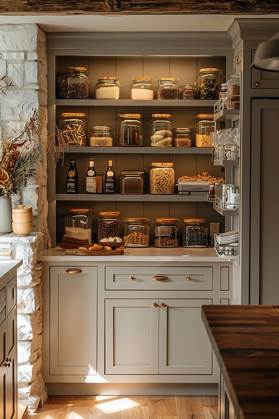 A warm, well-organized pantry with glass jars on shelves, wooden countertops, and cabinetry with brass handles.