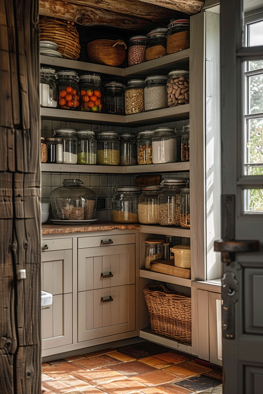 A cozy pantry with shelves stocked with glass jars of dry food, baskets, and terracotta tiled flooring, viewed from a doorway.