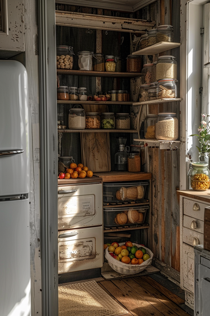 ALT Text: "A cozy pantry with open shelving filled with jars of food, an antique stove, and a basket of fresh fruit illuminated by natural light."