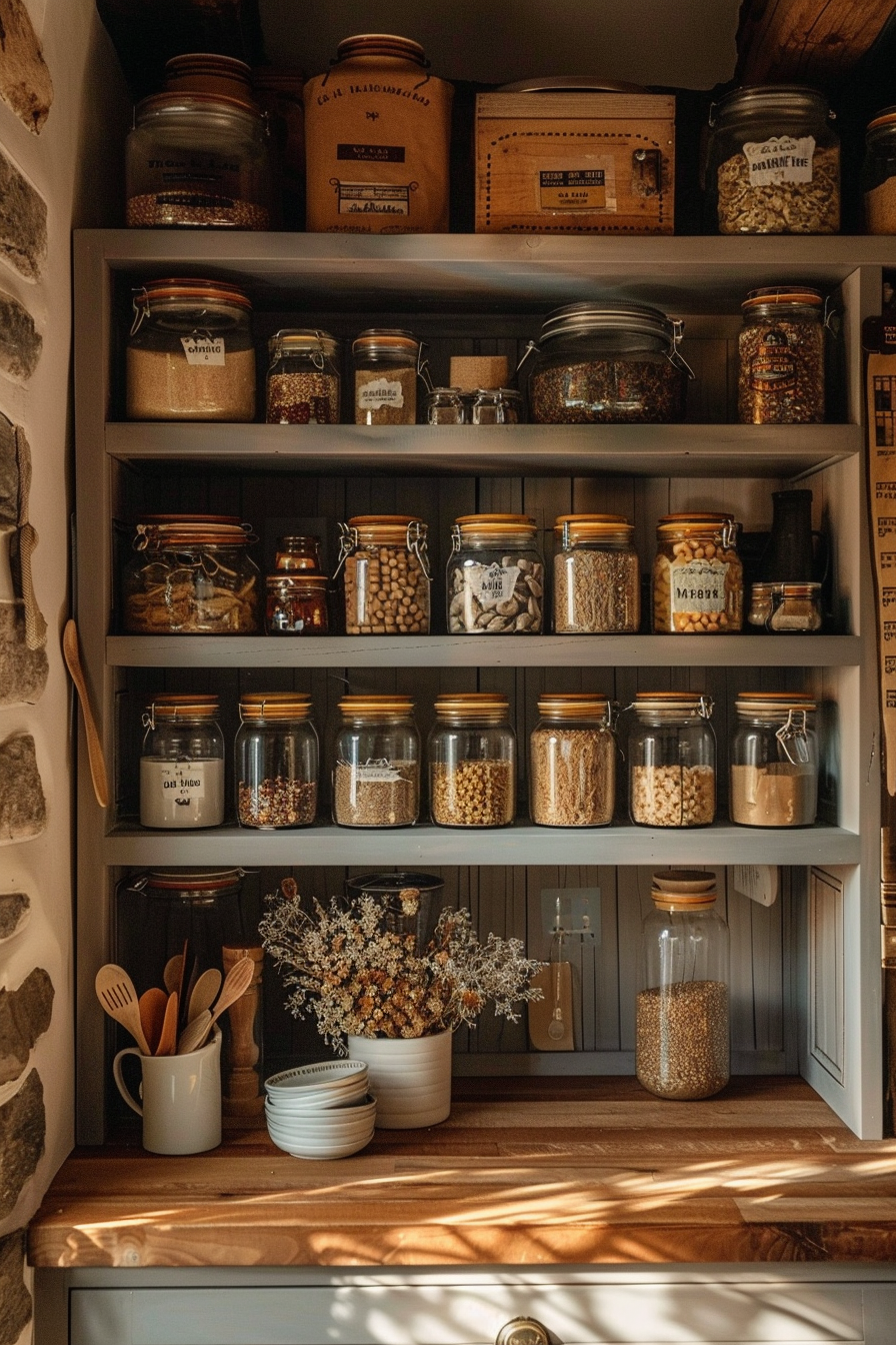 A cozy pantry shelf with neatly organized jars of dry goods, wooden utensils, and bowls, bathed in warm sunlight.
