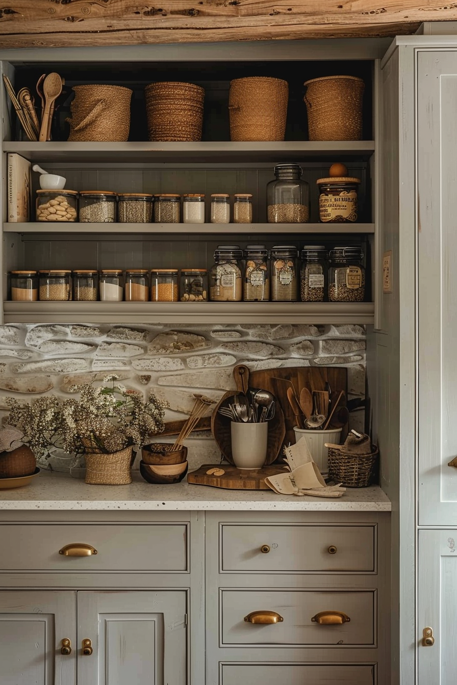 A cozy pantry with wooden shelves stocked with labeled jars, wicker baskets, and cooking utensils on a stone wall background.
