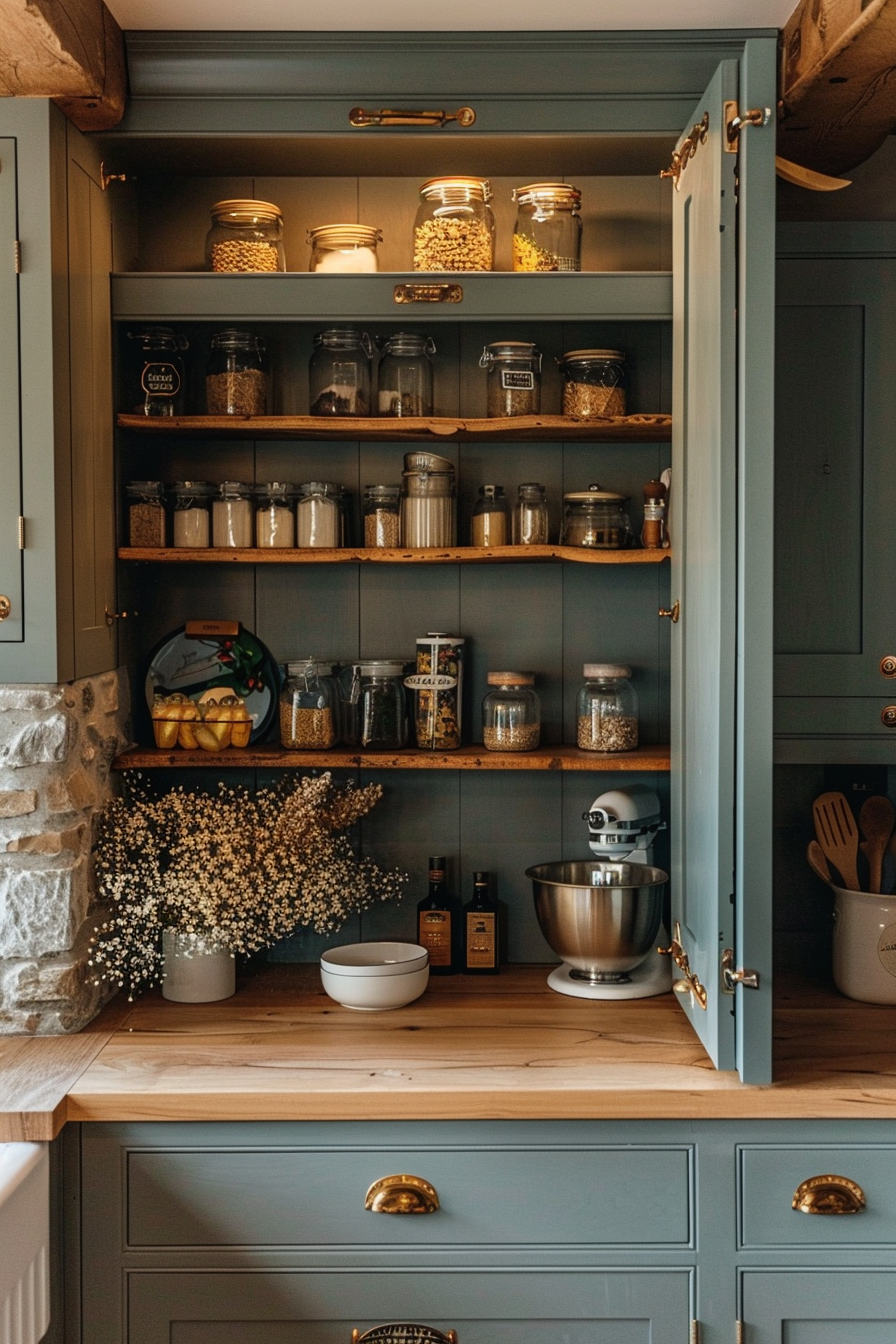 A cozy kitchen pantry with open blue cabinets, wooden shelves stocked with jars of dry goods, and a stand mixer on the counter.