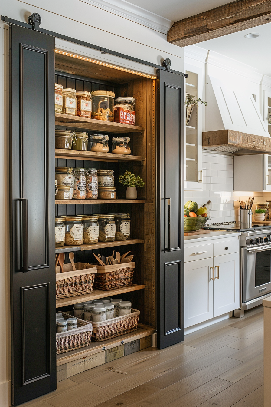 A modern pantry with sliding barn doors, showcasing organized shelves filled with jars, utensils, and baskets, adjacent to a kitchen.