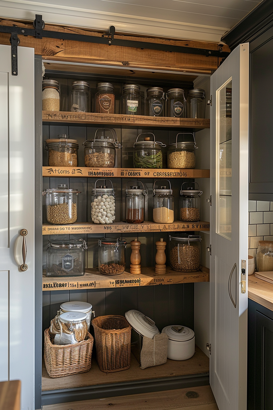 A neatly organized pantry with labeled jars on wooden shelves, containing various dry goods and cooking ingredients.