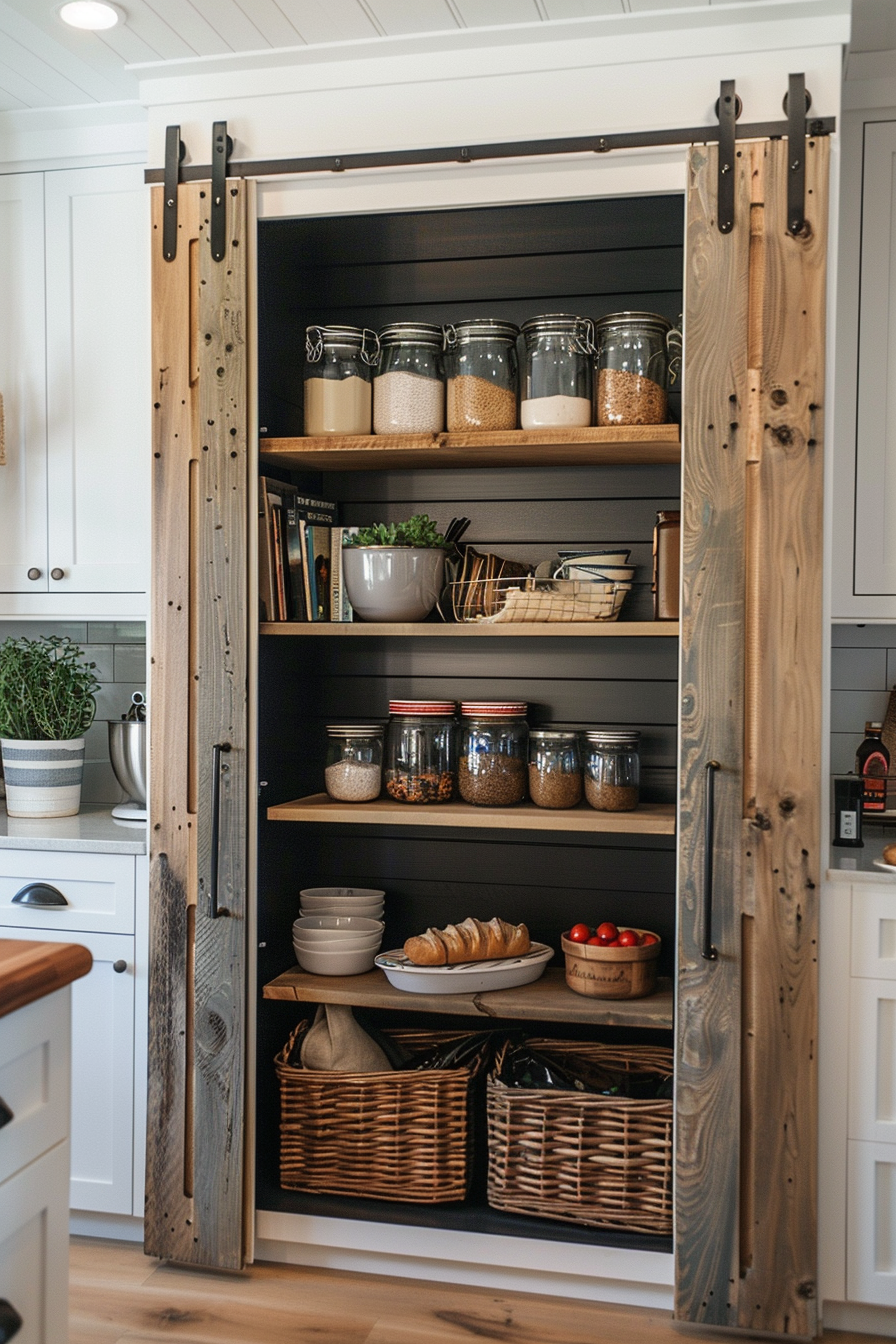 Rustic wooden pantry doors open to reveal shelves stocked with glass jars of dry goods, kitchenware, and wicker baskets.
