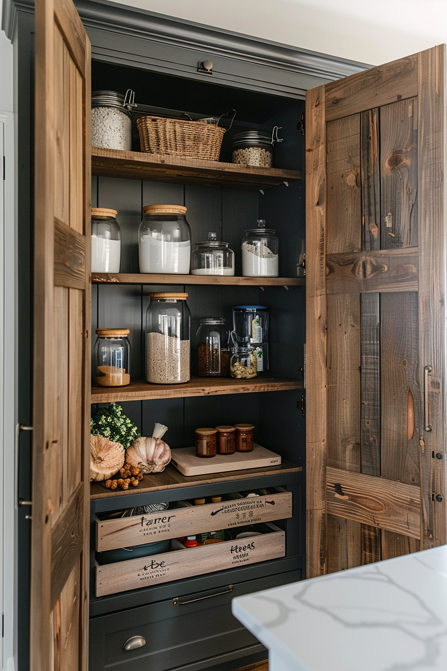 A rustic wooden pantry cabinet open to reveal neatly organized shelves with glass jars of grains, baskets, and boxes of herbs.
