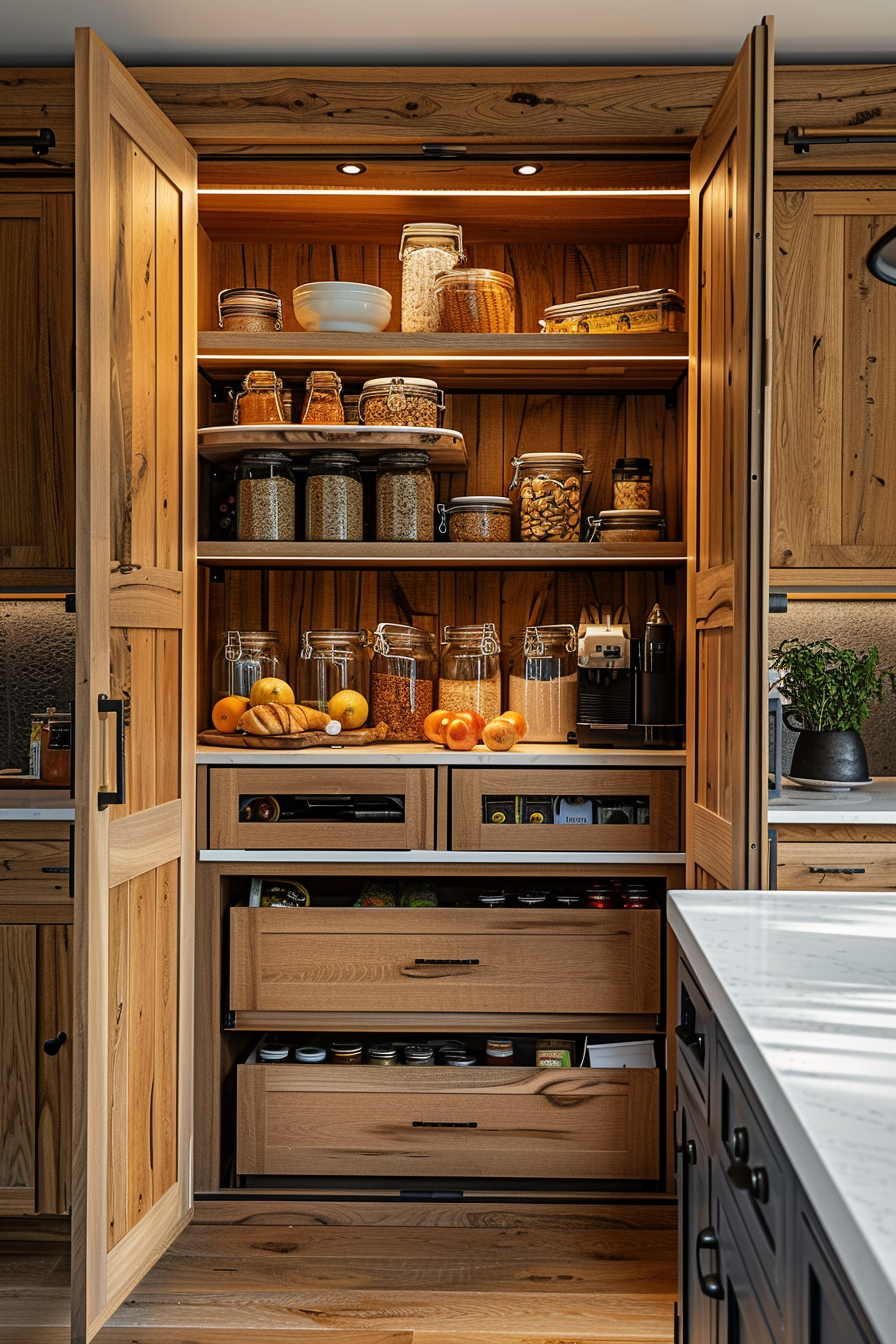Wooden pantry cupboard open to show neatly organized shelves filled with glass jars of dry goods and fresh fruit, with a coffee machine and plants.