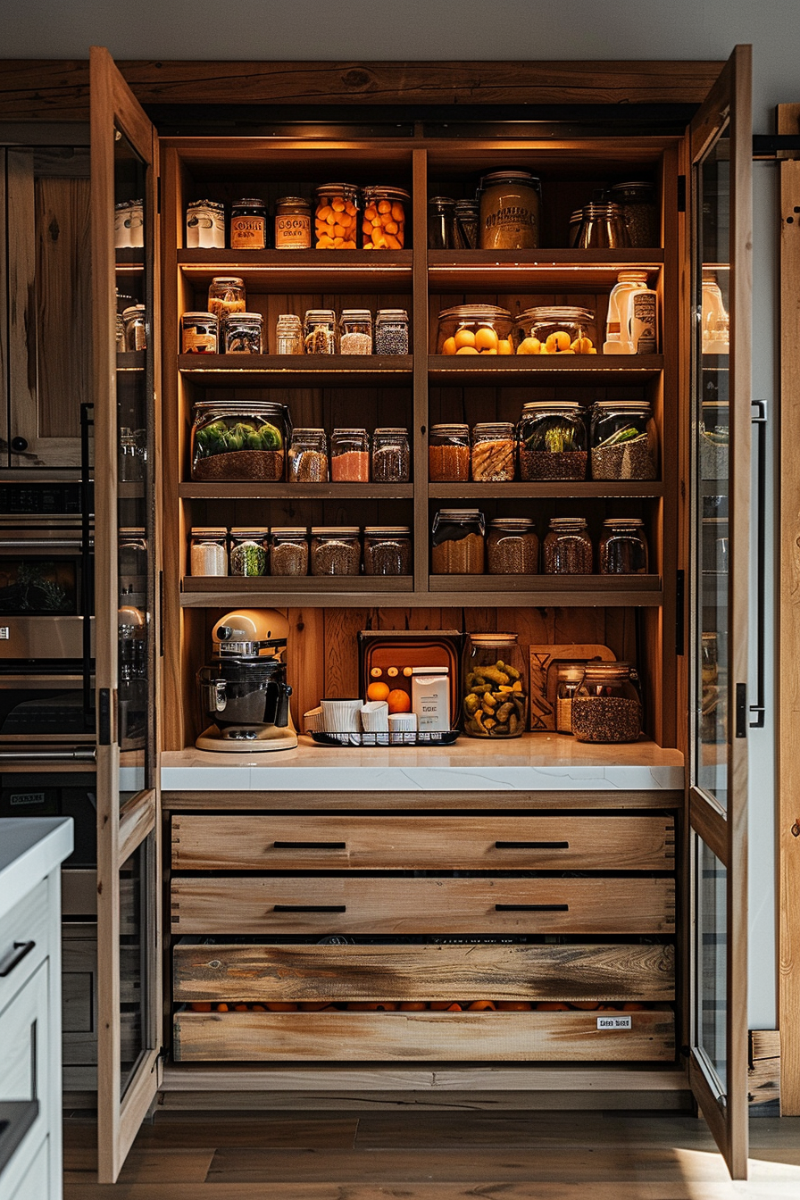 ALT: A well-organized pantry with glass jars of dry goods on wooden shelves, and a stand mixer on the counter.