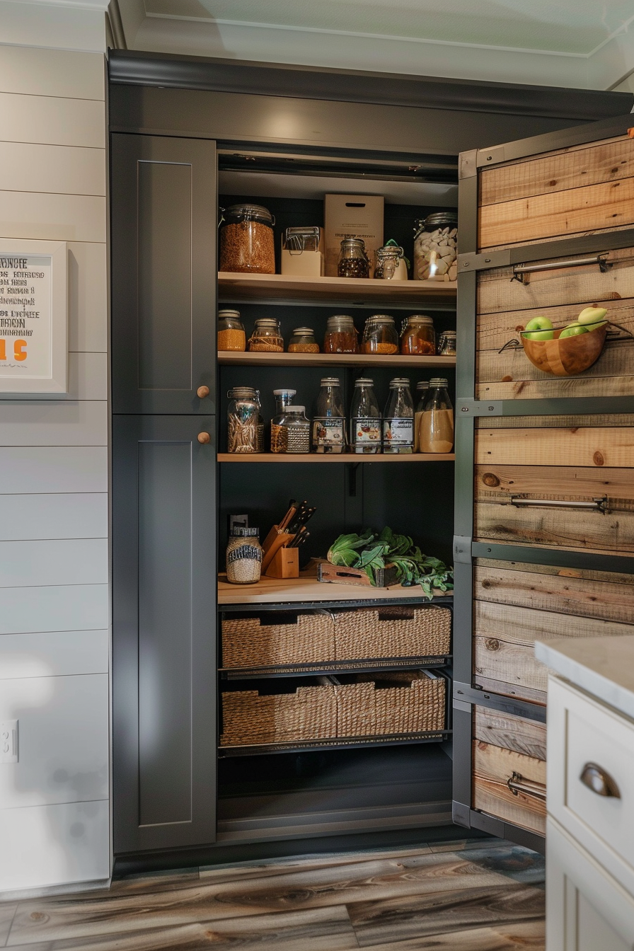 A well-organized pantry with glass jars of dry goods, wicker baskets, and fresh produce on wooden shelving.