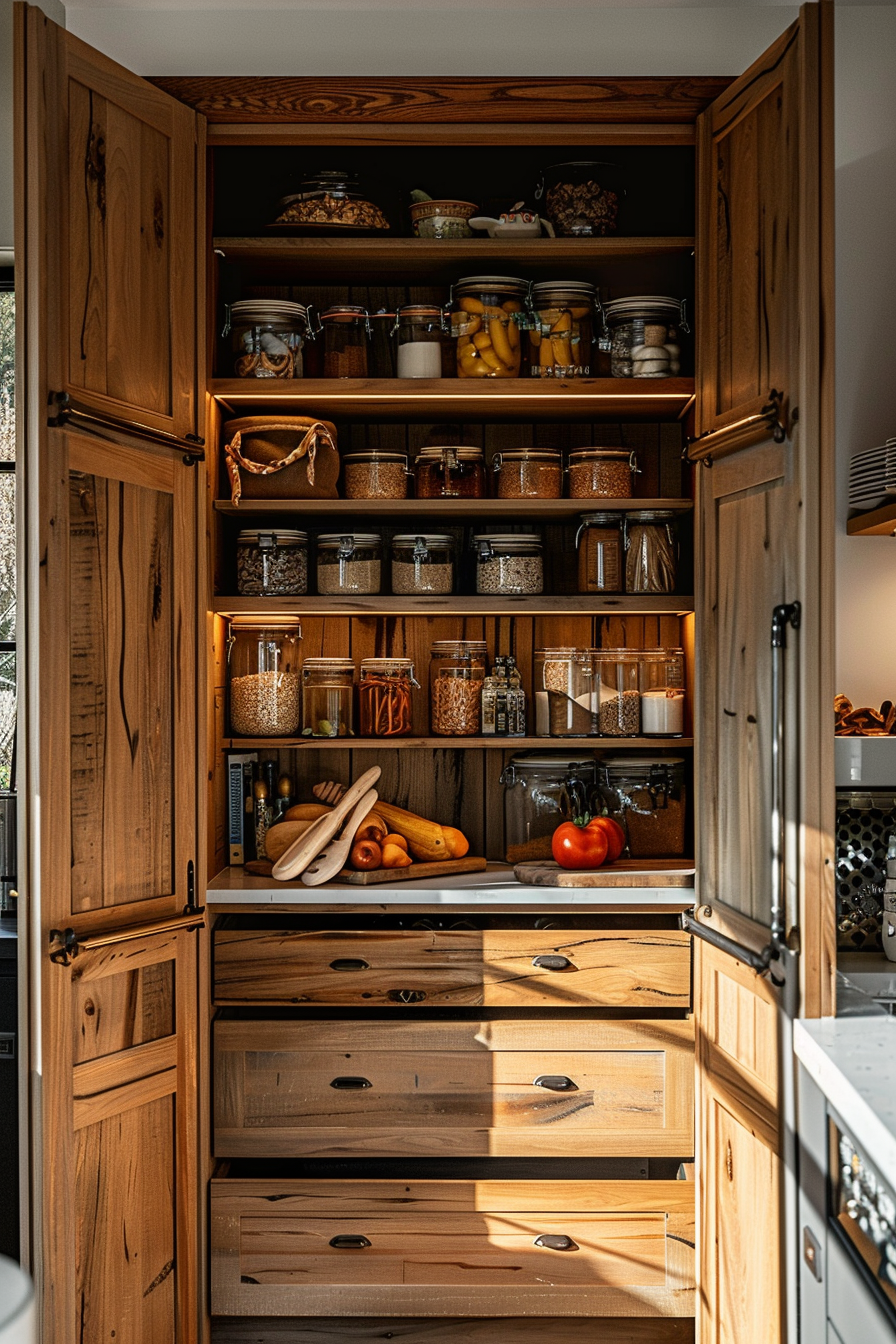 A well-organized wooden pantry cabinet with open doors, showing jars of dry goods and fresh produce on shelves and drawers.