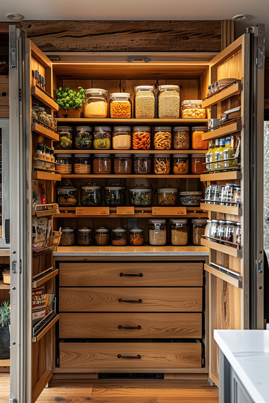 A well-organized pantry with wooden shelves filled with neatly labeled jars and containers of dry food items.