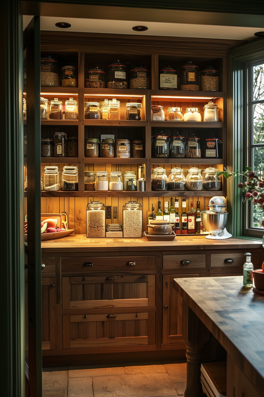 Cozy pantry with wooden shelves stocked with jars and bottles, warm lighting, and kitchenware on the counter.