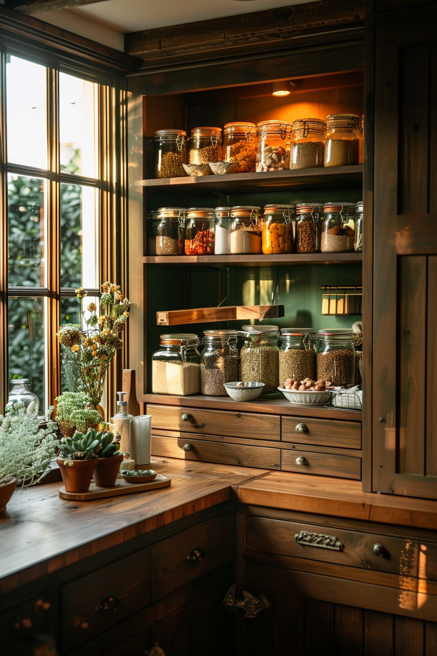 ALT Text: "Cozy kitchen corner with a wooden shelf full of glass jars containing various dry food ingredients, next to a window and potted plants."