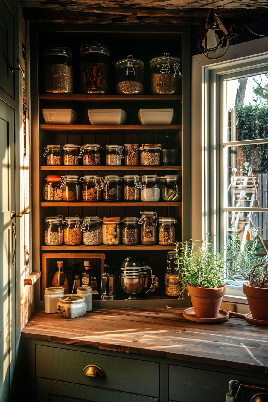 A cozy kitchen corner with sunlight bathing a wooden countertop, shelves stocked with jars of dry goods, and potted herbs.