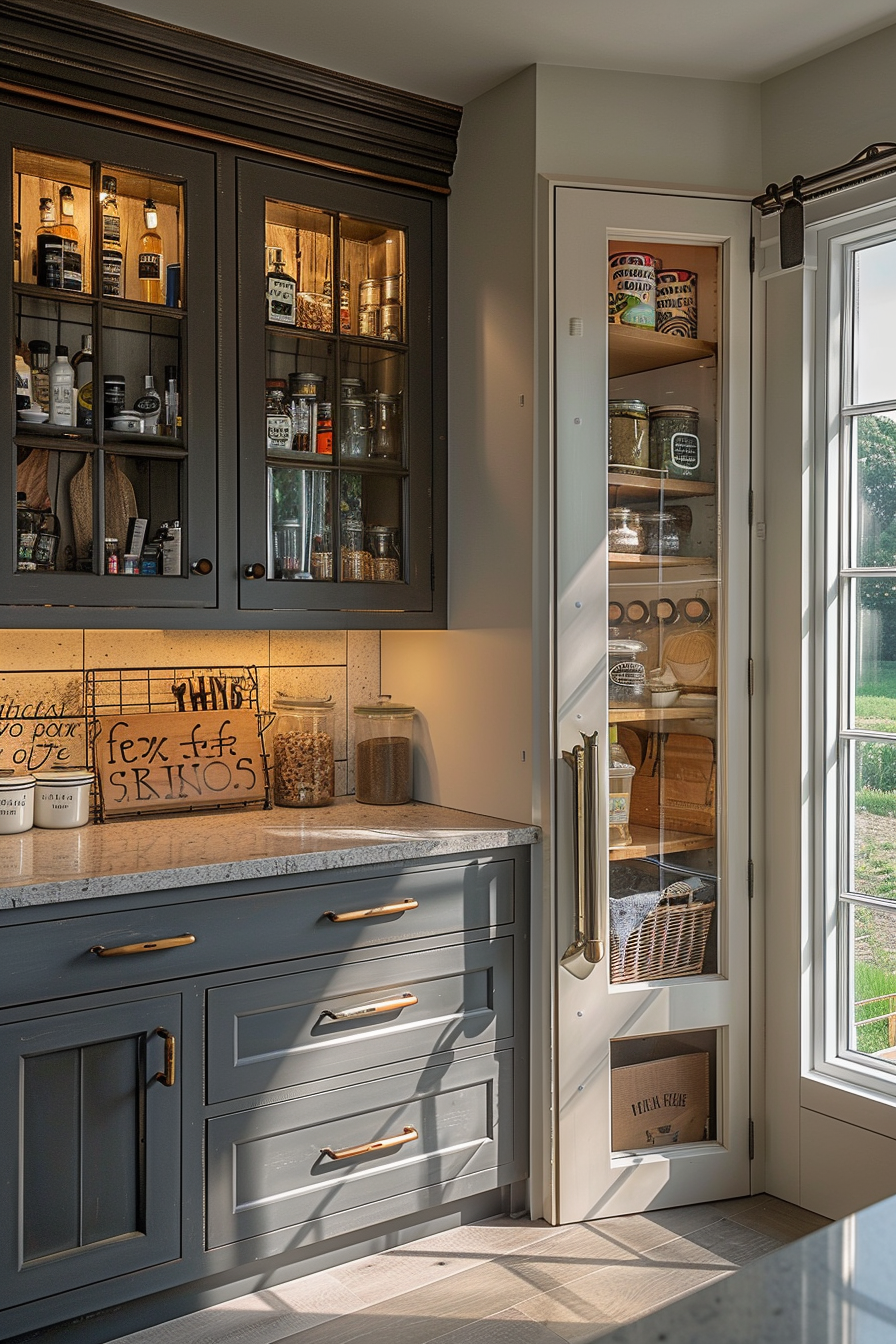 Well-lit kitchen corner with dark cabinetry filled with jars and a spice rack, adjacent to an open pantry door revealing shelves stocked with food.