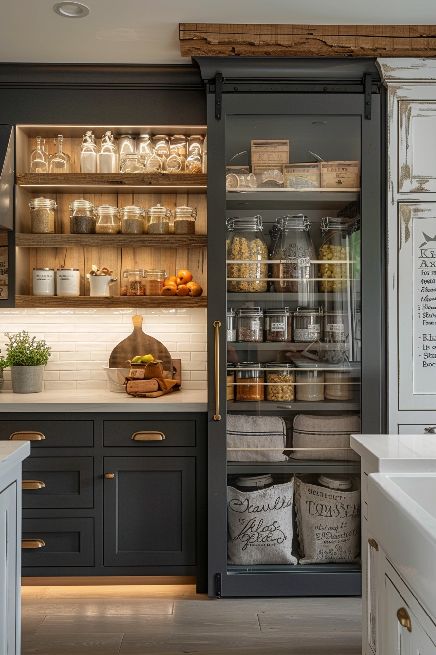 A modern pantry with open shelves, glass jars filled with grains, sliding barn door, subway tiles, and rustic wooden accents.