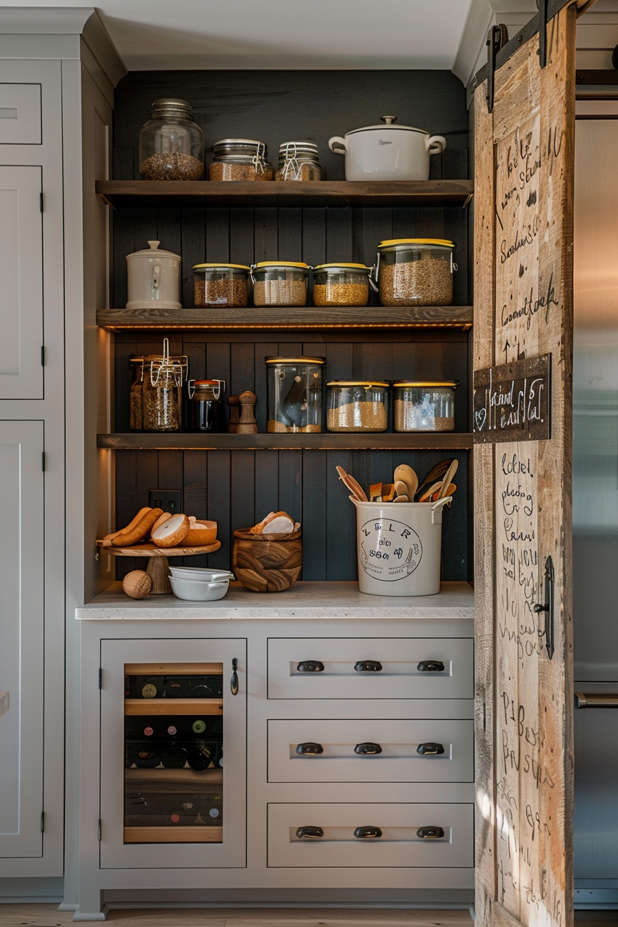 Cozy kitchen corner with open shelves stocked with jars of dry goods, a breadbox, wine rack, and wooden countertop decorations.