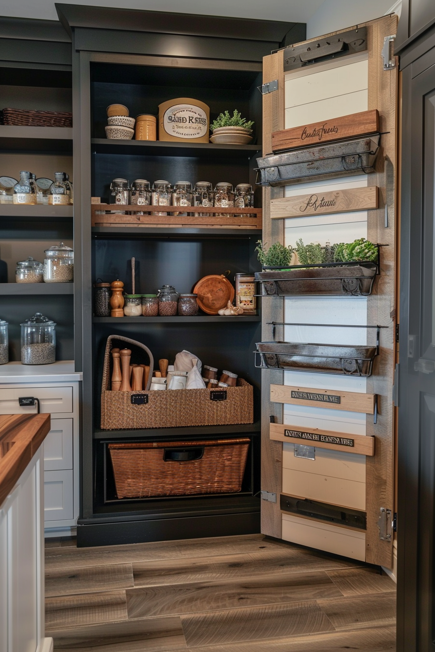 An organized pantry with labeled wooden crates on a rack, spice jars, and wicker baskets on dark shelves.
