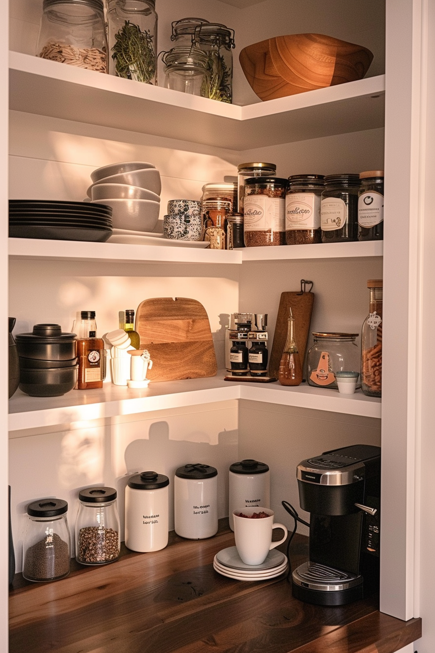 A well-organized pantry shelf with labeled jars, dishes, a coffee machine, and assorted kitchen utensils in warm lighting.