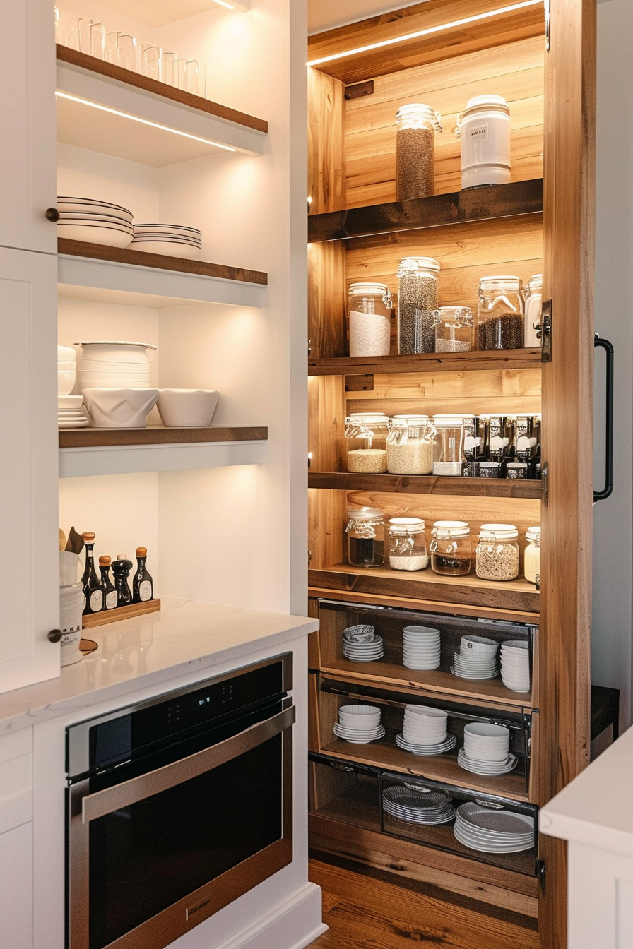 A well-organized kitchen pantry with wooden shelves holding jars and containers alongside neatly stacked dishes and bowls.