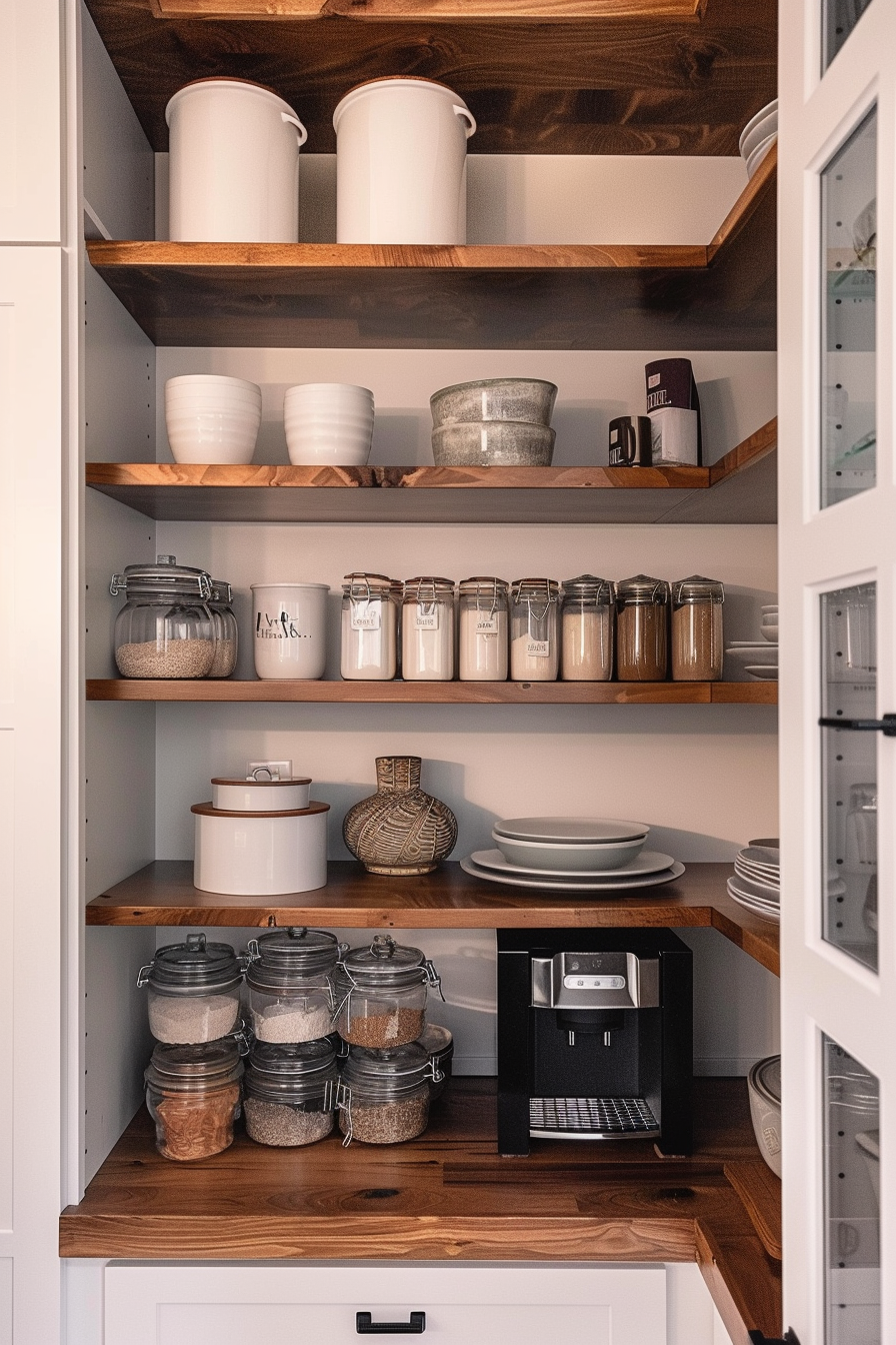 A neatly organized pantry with wooden shelves holding white canisters, glass jars with labels, plates, and an espresso machine.
