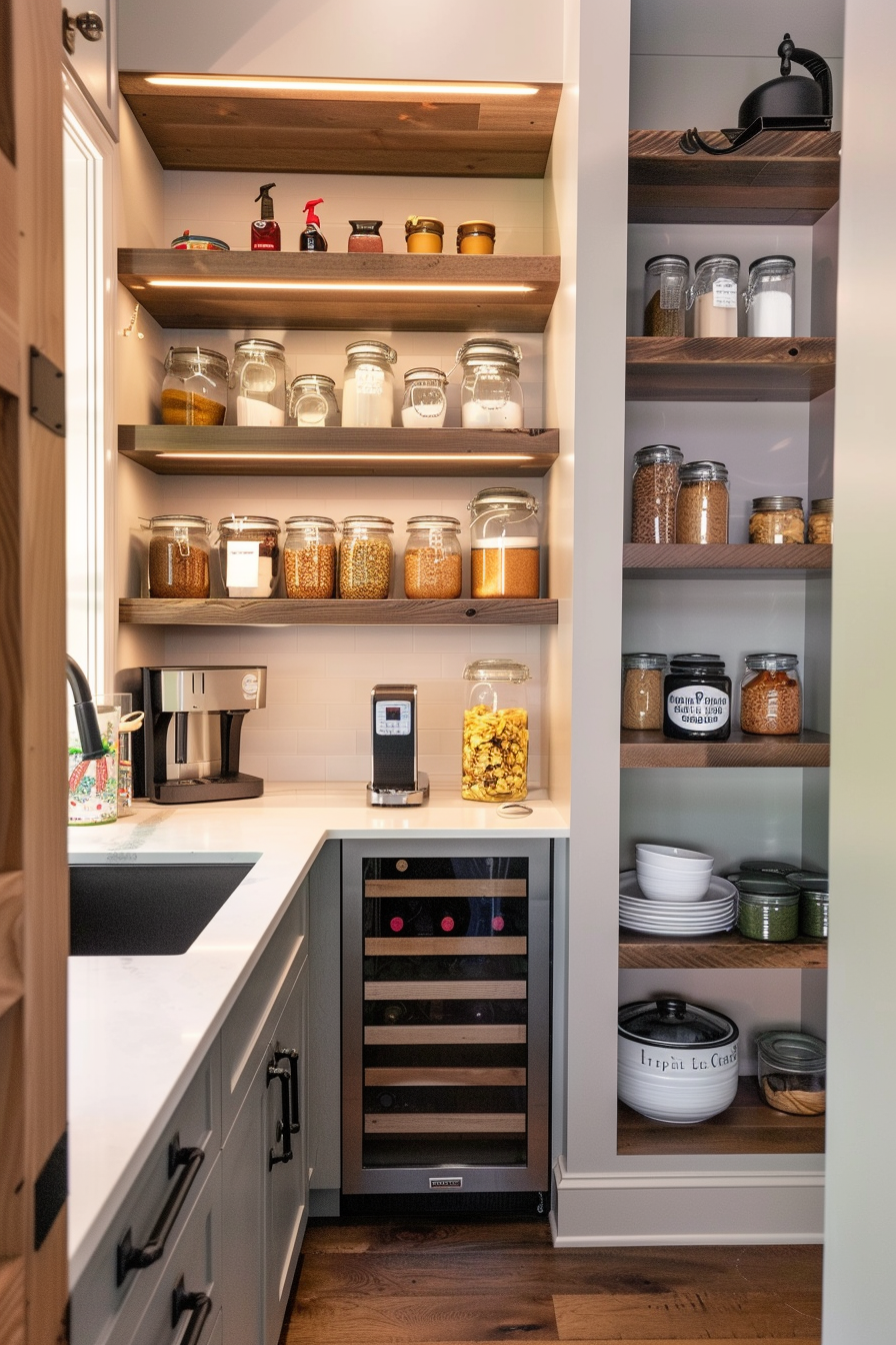 Modern kitchen pantry with neatly organized shelves, clear jars with grains, a wine cooler, and assorted kitchenware.