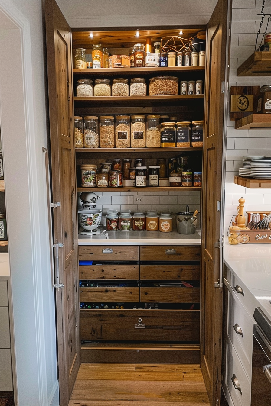 ALT: A well-organized pantry with labeled jars of grains and spices on wooden shelves, flanked by doors with glass panels.