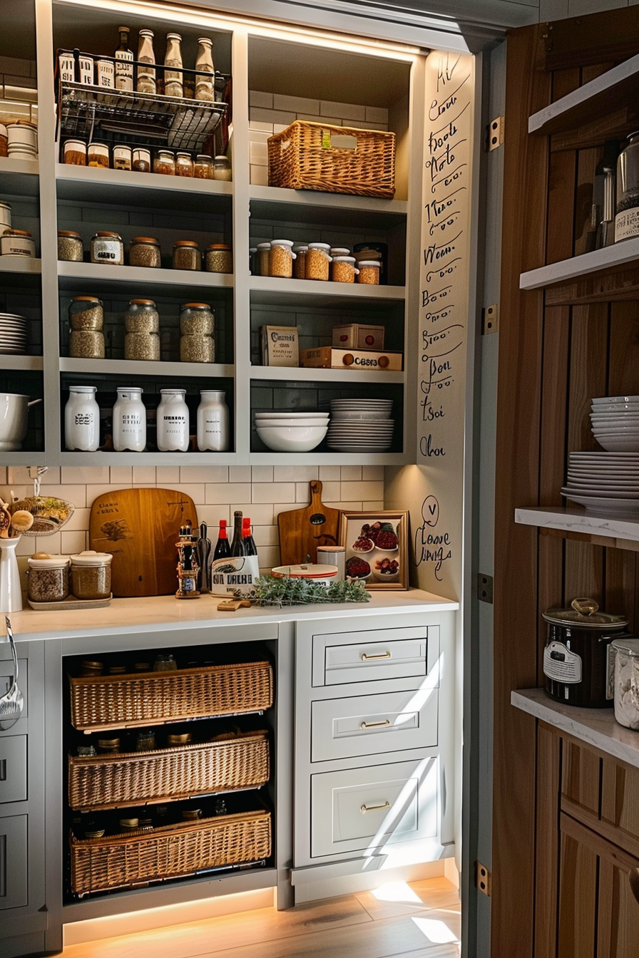 A well-organized pantry with labeled jars on shelves, wicker baskets, and a chalkboard grocery list on the door.