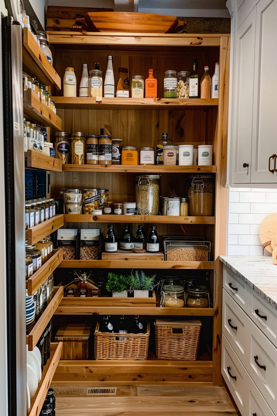 ALT: Well-organized kitchen pantry with wooden shelves storing assorted jars, bottles, baskets, and kitchen utensils.