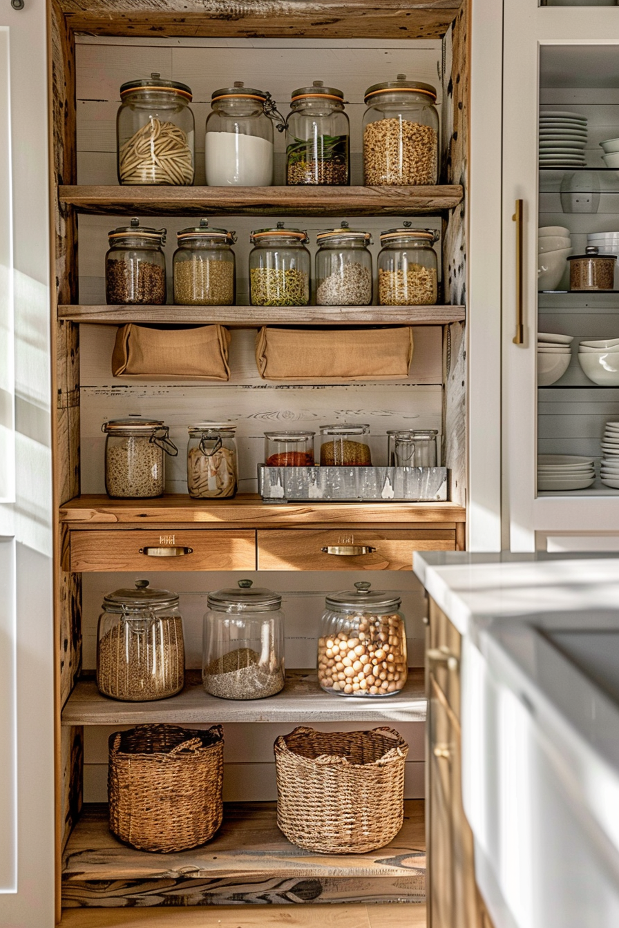 Wooden pantry shelves organized with clear glass jars of dry goods, woven baskets, and neatly stacked dishware.