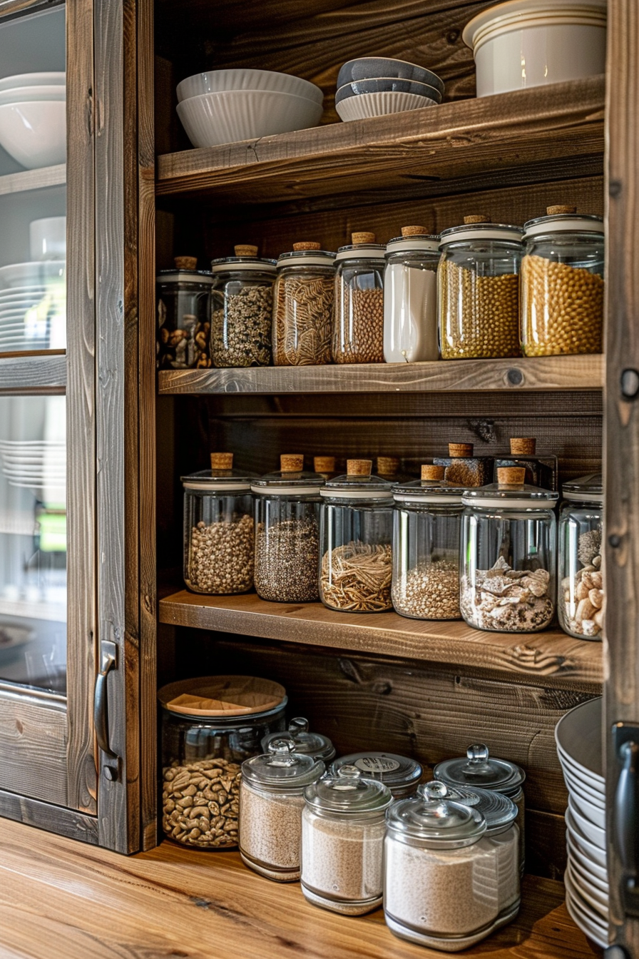 ALT: A wooden pantry shelf stocked with various glass jars of dry food like pasta, beans, and grains, and a stack of white bowls.