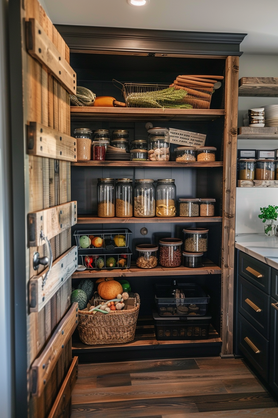 A well-organized pantry with wooden shelves stocked with jars, baskets of produce, and kitchenware.