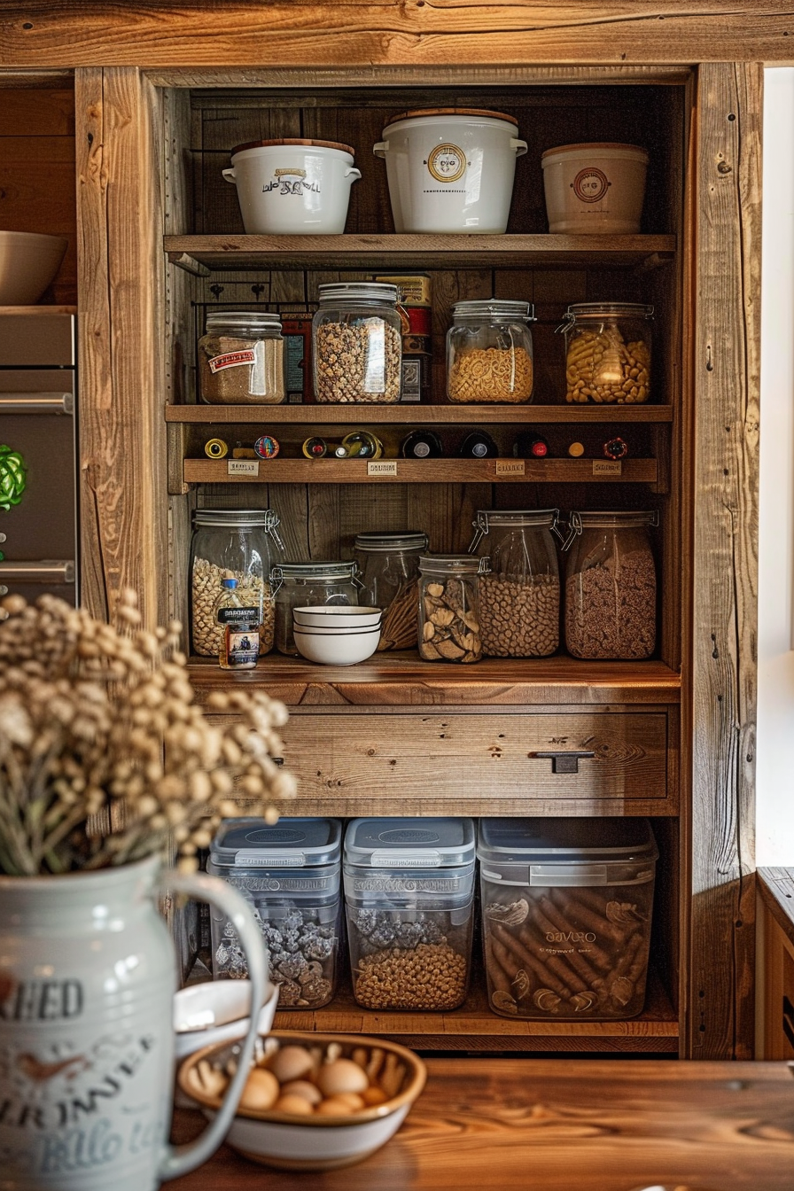 Rustic wooden pantry shelves stocked with various labeled containers and jars of dry goods, spices, and kitchenware.