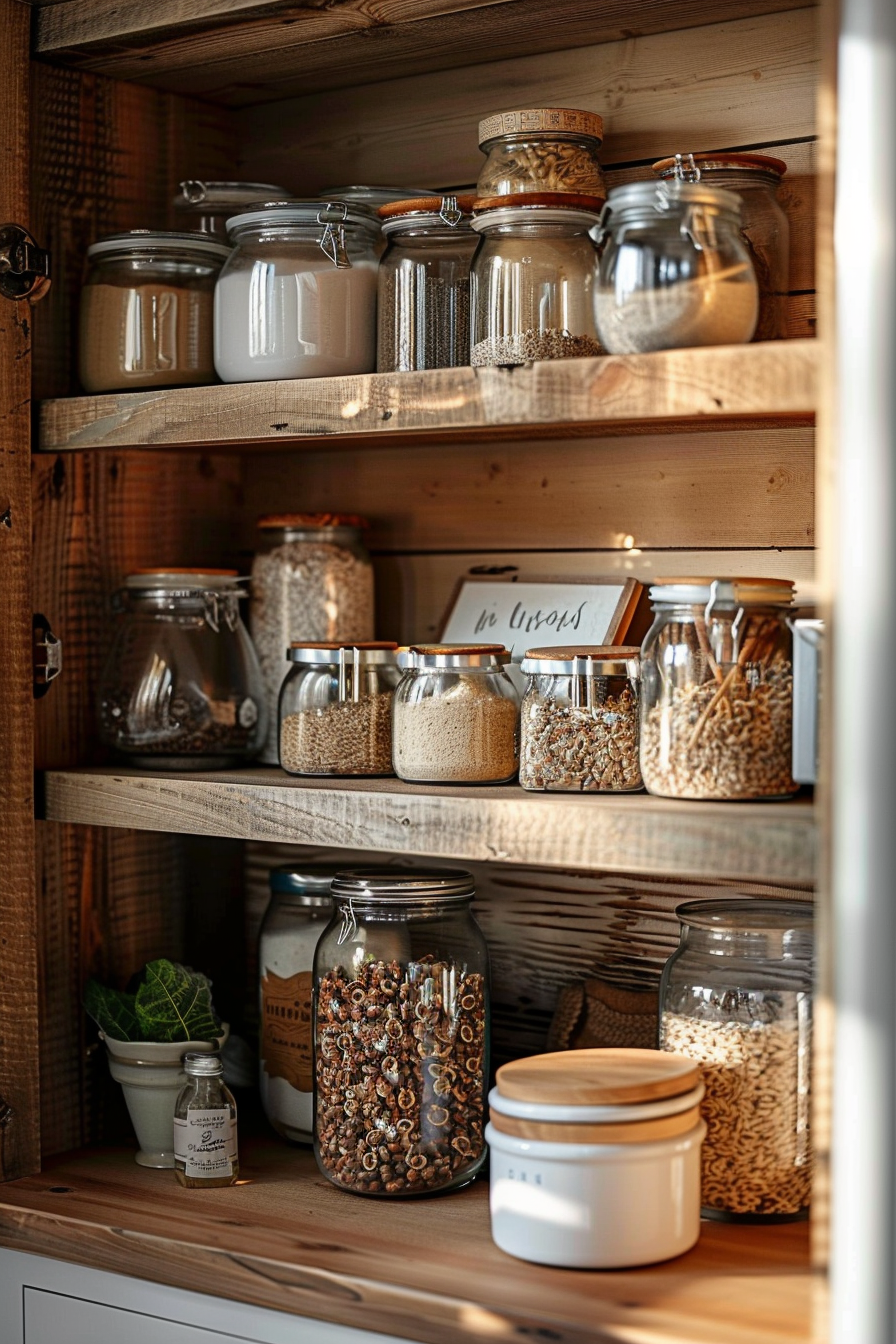 Rustic wooden pantry shelves stocked with various labeled jars containing flour, grains, and other dry food items.