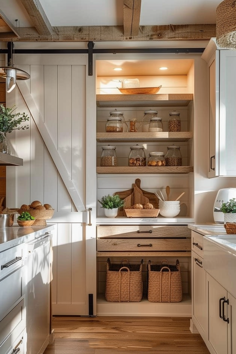 Warmly lit kitchen pantry with wooden shelves stocked with jars and baskets, framed by a farmhouse-style sliding door.