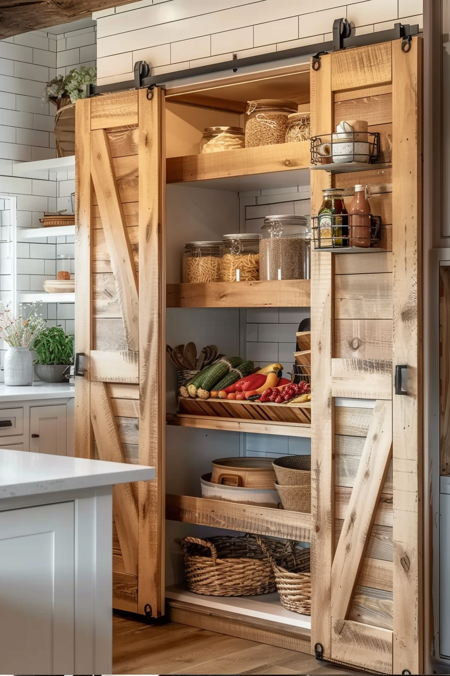 A rustic kitchen pantry with sliding barn doors reveals wooden shelves stocked with jars, pasta, and fresh vegetables.