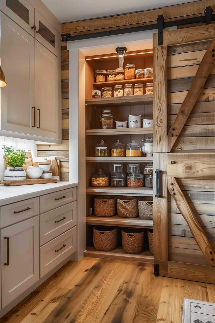 Cozy kitchen corner with open pantry shelves, organized food containers and baskets, beside a white countertop with cooking utensils.