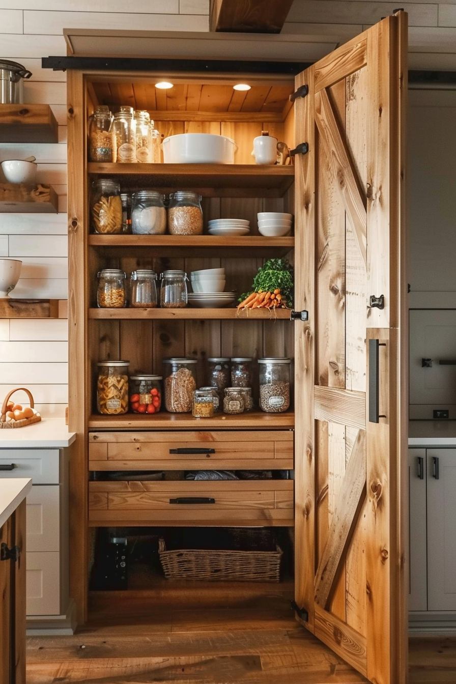 A cozy wooden pantry with open doors revealing neatly organized shelves full of jars, bowls, and a basket of eggs on the kitchen floor.