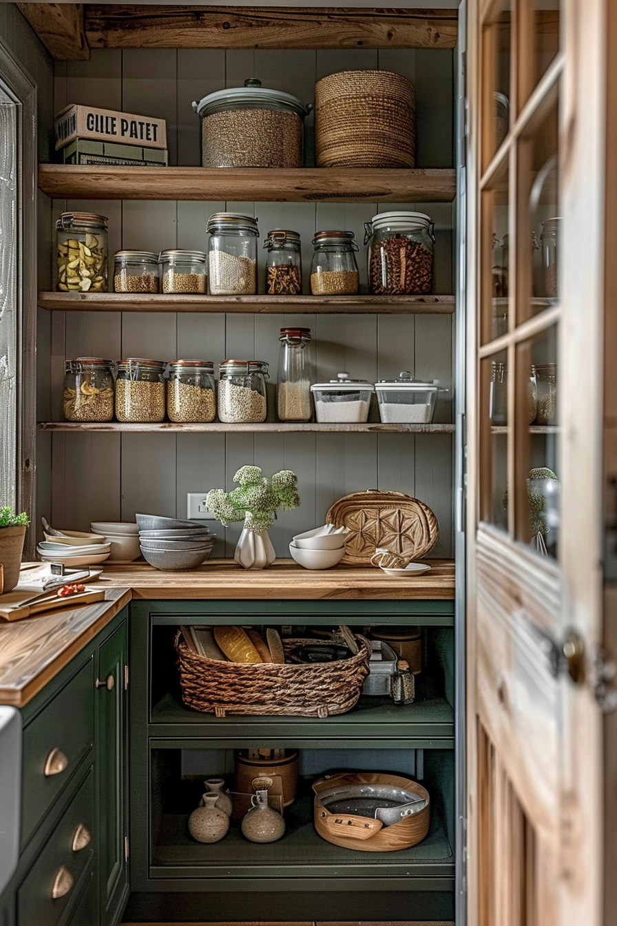 A rustic kitchen pantry with wooden shelves stocked with various jars of grains, baskets, and ceramic dishware, viewed through an open door.