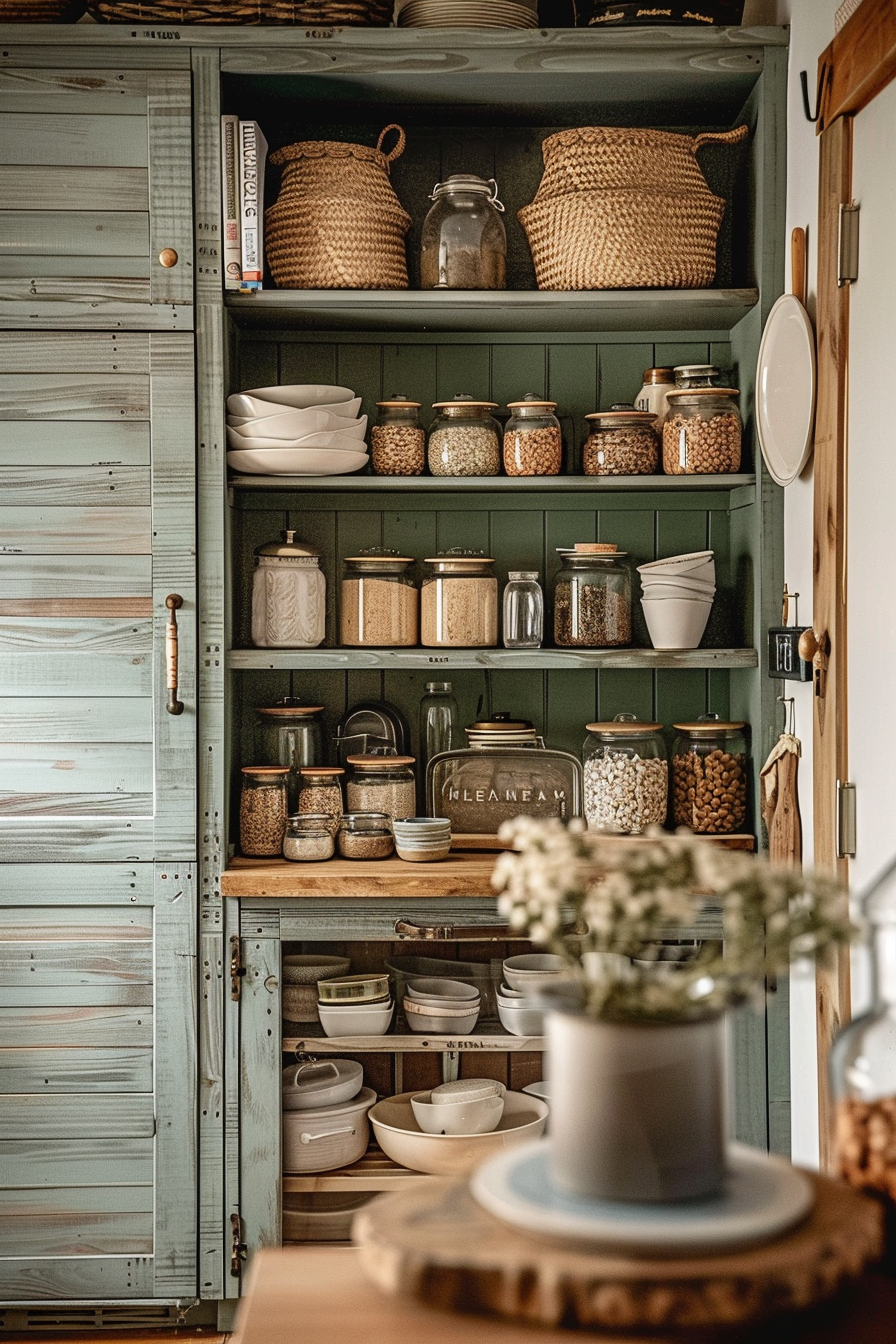 Rustic wooden pantry shelves stocked with clear jars of grains, white dishes, and woven baskets, with a vintage aesthetic.