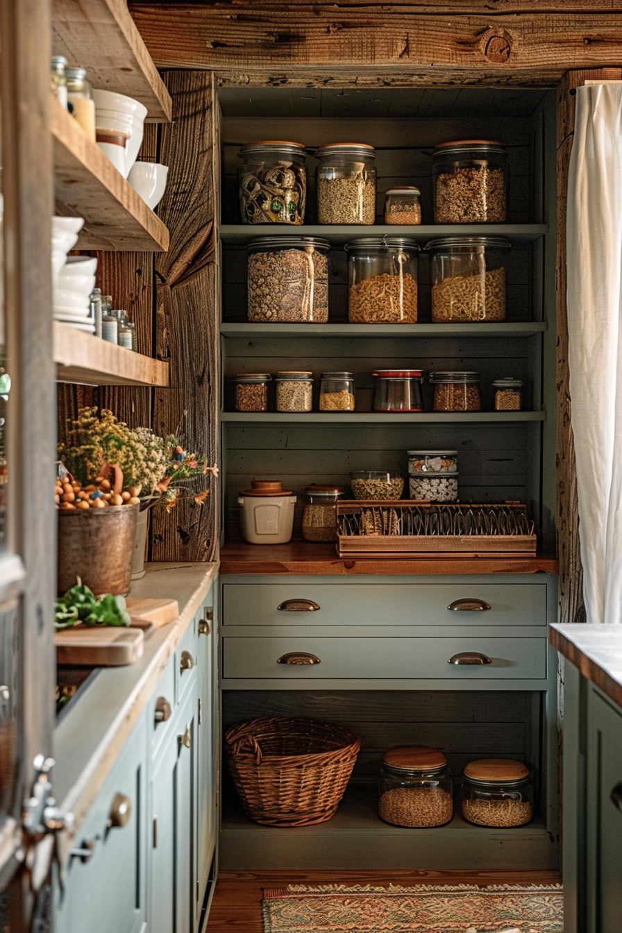 Rustic kitchen pantry with wooden shelves filled with jars of dry goods and baskets.
