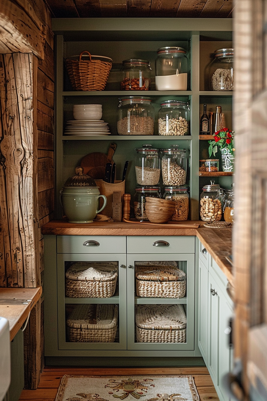 Cozy kitchen pantry with woven baskets, glass jars of dry goods, dishes, and wooden utensils, having a rustic and homely feel.