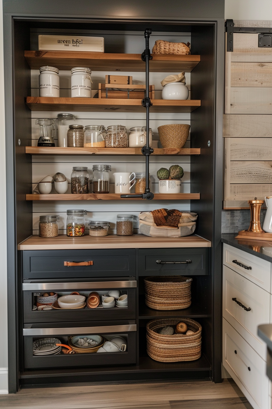 Open shelving in a kitchen with neatly organized jars, utensils, and wicker baskets on wooden shelves against a dark backdrop.